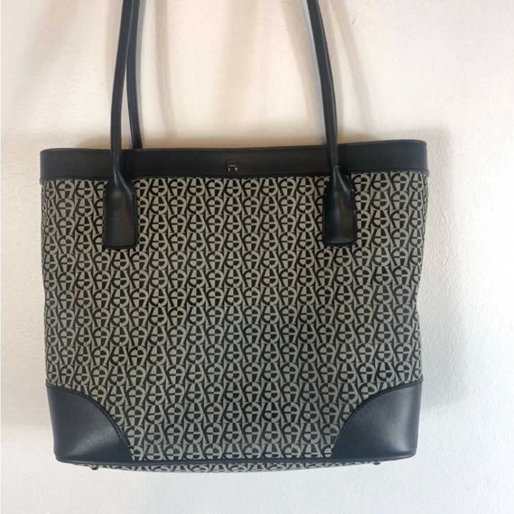 Etienne Aigner Purse Handbag Bag Tote Canvas Exterior w/ Matching Key Ring